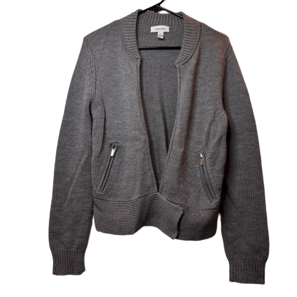 Calvin Klein Wool Knit Zip Front Cardigan Sweater Gray Women's Small